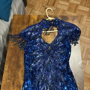 Amazing vintage flapper dress 1920s - blue heavily beaded open back
